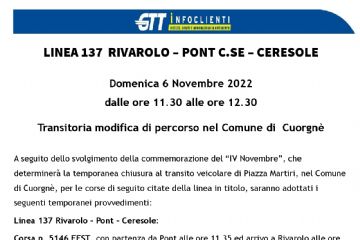 Transitoria modifica di percorso nel Comune di Cuorgn&#232; - Linea 137
